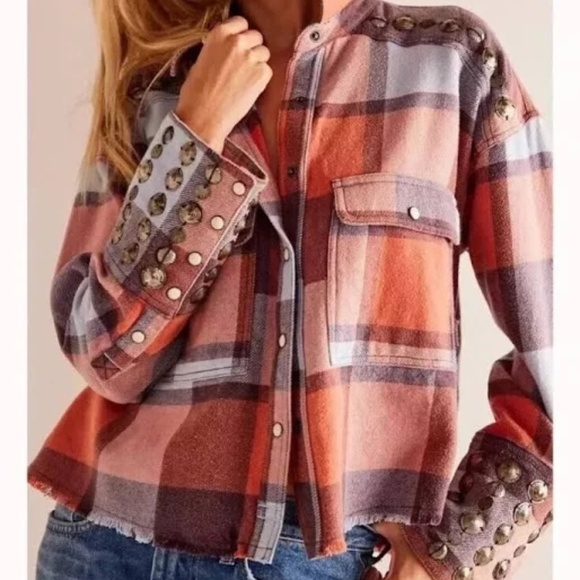 Free People Austin Plaid Studded Button Down Shirt XS - Picture 1 of 9